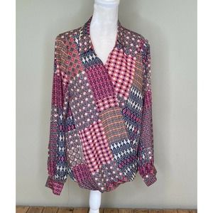 NWT DEPRI Patterned Long Sleeve Cross Front Blouse